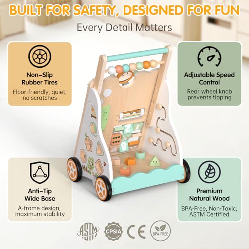 Weilim Wooden Baby Walker, 10-in-1 Montessori Push Walker for Toddlers 1+ | Activity Center with Xylophone, Shape Sorter, Gears | Adjustable Speed & Height | Natural Wood Learning Walking Toy