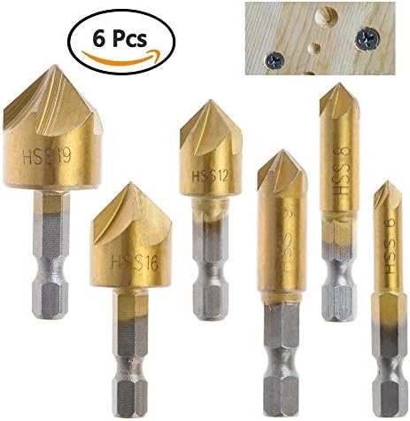 Drill Warehouse 6 Pcs 1/4'' Hex Shank HSS 5 Flute Countersink Drill Bit Set 90 Degree For Wood Quick Change Bit 6mm-19mm