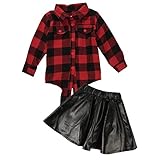 2pcs Toddler Kids Baby Girls Plaid Shirt+Leather Skirt Dress Outfits Clothes Set