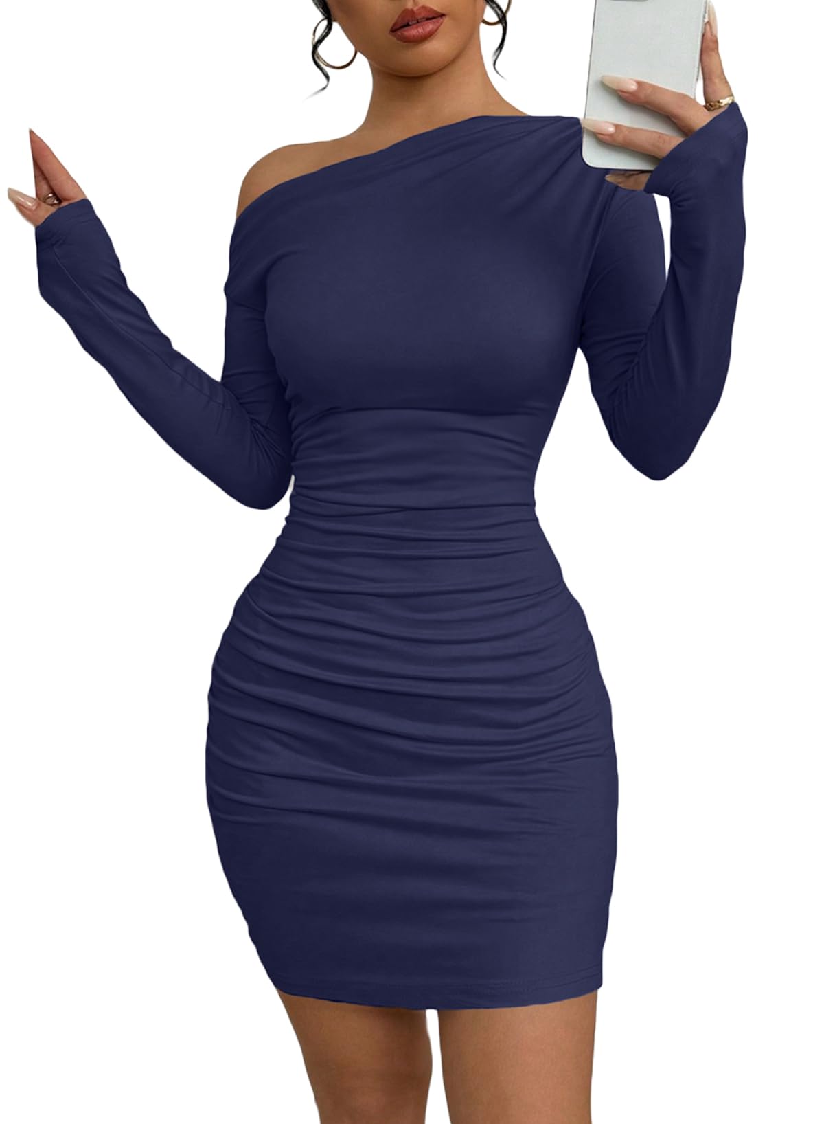 Photo 1 of Acelitt Fall Off The Shoulder Dresses for Women 2025 Long Sleeve Ruched Bodycon Cocktail Party Mini Dress Navy Blue Large