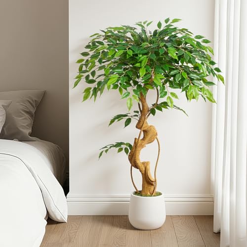 Keeplush - Artificial Ficus Plant, 120cm with White Pot, Real Large Artificial Plants with Curved Trunk and 930 Leaves Artificial Plant for Indoor Living Room Decor