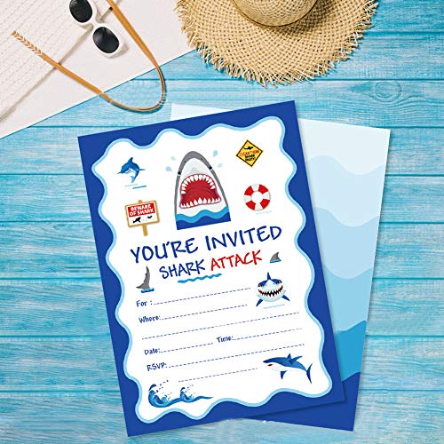 image for TONIFUL 25 Pcs Shark Party Invitation,Fill in Shark Party or Birthday 