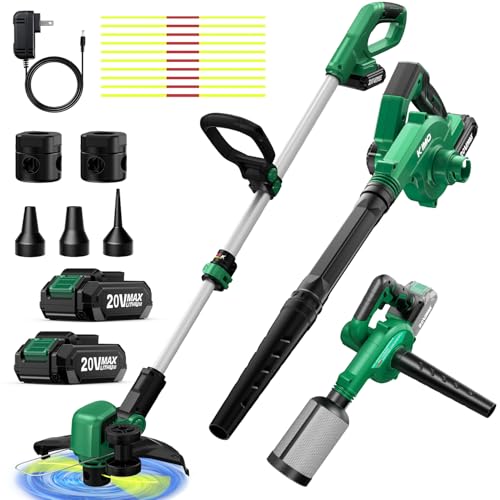 KIMO 20V Weed Wacker and Blower Combo w/2 x 2.0Ah Battery & Charger, Brushless Motor, 20000RPM 12" String Trimmer & Edger w/ 10PCS Cutting Lines, 260CFM/190MPH Cordless Leaf Blower w/Vacuum, 3 Nozzles by KIMO - Used condition - US$41.25