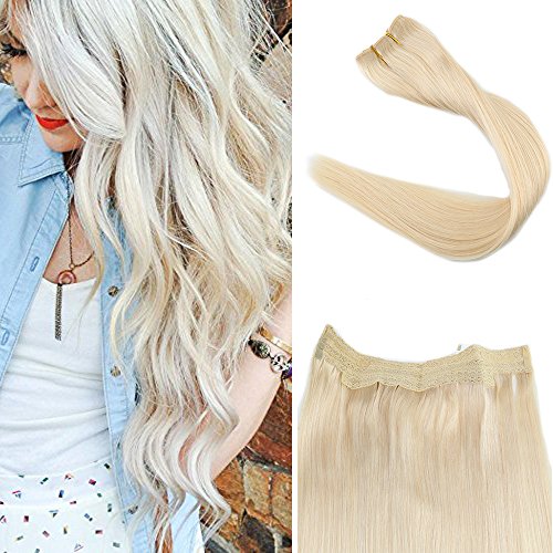 Full Shine 18 inch Width 11 inch 80g No Glue No Clips No Weaving Invisible Wire Fish Line Hair Extension Color #60 Light Blonde Doubel Weft Fish Line Hair Mircale Wire Hair Extension
