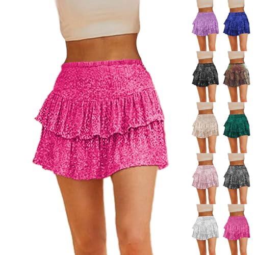 Angxiwan Black Sparkly Skirt Sequin Mini Skirt Women Solid Color Layered Satin Ruffle High Waist Glitter Skirts for Party Vacation Club Streetwear Y2K Aesthetic Clothes Black Glitter