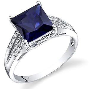 Peora Created Blue Sapphire and Genuine Diamond Ring for Women 14K White Gold, Elegant Cathedral Design, 3.25 Carats…
