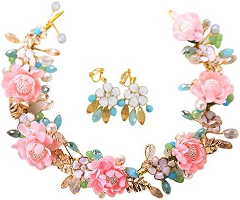 YAOSEN Floral Headband Earrings Set Bridal Wedding Garland Crown with Ribbon (Pink)