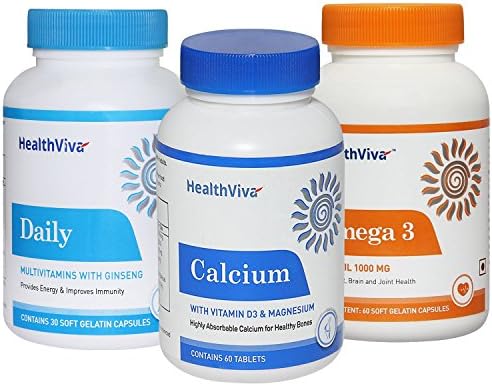 HealthViva Omega - 60 Capsules with Daily - 60 Tablets and Calcium - 60 Tablets