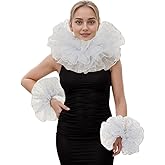 ANDHOM Renaissance Victorian Ruffle Collar and Wrist Cuffs Set Organza Colonial Clown Choker Neck Collar Cuff