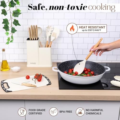 Cooking Utensils Set with Chopping Board – Knife Set with Block – Heat Resistant Silicone Utensils with Wooden Handle, Spoons, Ladles & Spatula – Kitchen Tools & Accessories – 17pcs, Cream – by Nuovva