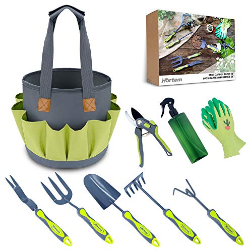 Hortem 9 Piece Garden Tools Set, Durable Carbon Steel Hand Tools with Ergonomic Handle and Hanging Holes, Large Garden Tote Bag, Garden Gloves and Watering can, Perfect Garden Gifts for Men Woman