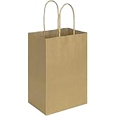 bagmad 100 Pack 5.25x3.25x8 Inch Brown Small Paper Bags with Handles Bulk, Gift Paper Bags, Kraft Birthday Party Favors Grocery Retail Shopping Takeouts Business Craft sacks (Plain Natural 100pcs)