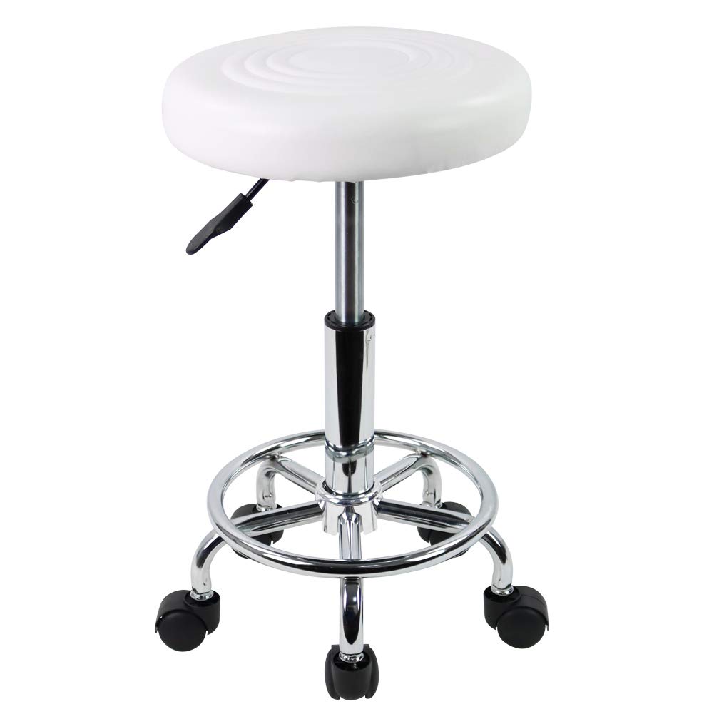 KKTONER PU Leather Modern Round Rolling Stool with Footrest Height Adjustable Spa Drafting Salon Tattoo Work Massage Stools Task Chair Small (White): Kitchen & Dining