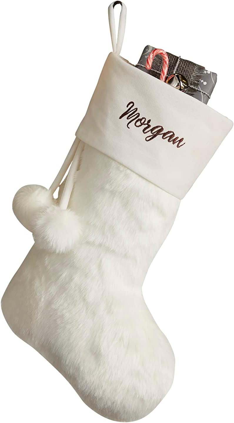 Stockings & Holders - Personalization Universe Embroidered Fur Christmas Stocking in Ivory - Customizable with Any Name or Monogram, Holiday Decorations, 20