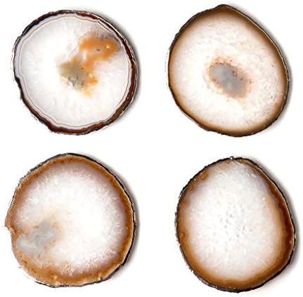 Roca Moda One-of-a-Kind Natural Stone Agate Coaster with Rubber Bumpers, Set of 4, Silver-Plated Side