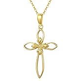 14K Solid Gold Cross Necklace for Women, Real Gold Crucifix Cross Pendant Baptism Confirmation Religious Jewelry Gifts for Her, Mom, Wife 18"