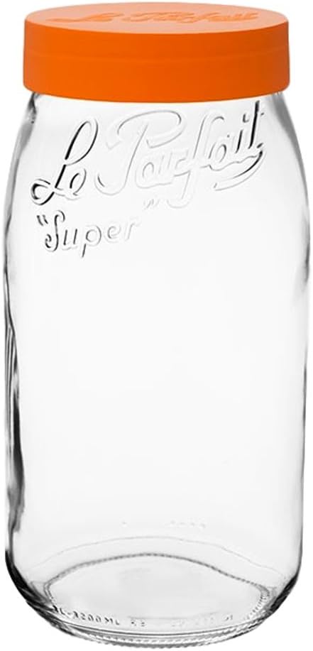 Le Parfait Screw Top Jar - 3L Wide Mouth French Glass Storage Jar w/Orange Plastic Lid, 96oz/3 Quarts (Single Jar)