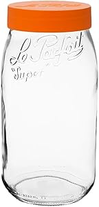 Le Parfait Screw Top Jar - 3L Wide Mouth French Glass Storage Jar w/Orange Plastic Lid, 96oz/3 Quarts (Single Jar)