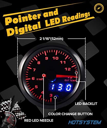 HOTSYSTEM Double Vision 7 Color Pyrometer Exhaust Gas Temperature EGT Gauge Kit 300 to 1300 Celsius Pointer & LED Digital Readouts 2-1/16" 52mm Black Dial for Car Truck