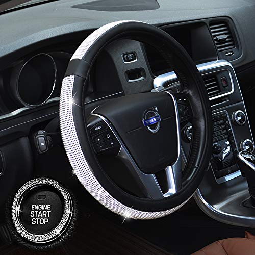 YUFANYA Crystal Steering Wheel Cover Bling Bling Rhinestone PU Leather Wheel Protector Breathable Anti-Slip Universal 38cm /15 Inch Auto Steering Wheel Cover for Women Girls