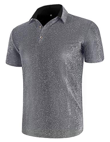 poriff Men\'s Shiny Sequins Polo Shirt 70s Disco Nightclub Party Short Sleeve T Shirts Silver L