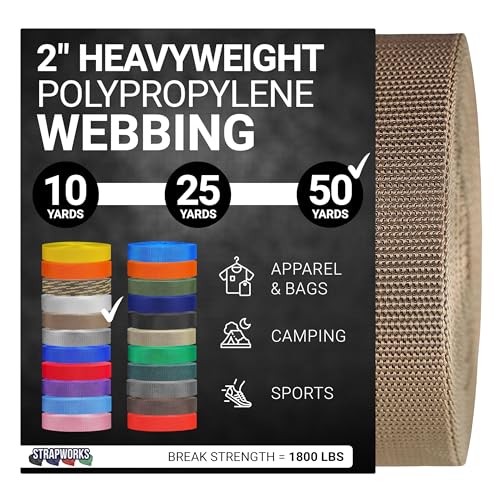 Strapworks Heavyweight Polypropylene Webbing - Heavy Duty Poly Strapping for Outdoor DIY Gear Repair, 2 Inch x 50 Yards - Tan