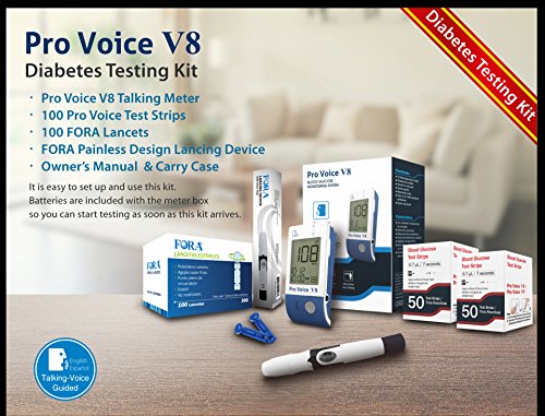 Pro Voice V8 Diabetes Testing kit (1 Pro Voice V8 Talking Meter, 100 Test Strips, 100 Lancets, 1 Painless Design Lancing Device & Carry Case) Limited Time Offer.