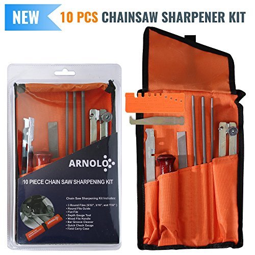 Arnolo 10 Piece Chainsaw Sharpener | Chainsaw Sharpening Kit Contains: 3Round Chain Saw Files 5/32, 3/16, 7/32 Inch-Handle- Depth Gauge- Filing Guide- Bar Groove Cleaner- Quick Check Gauge- Tool Pouch