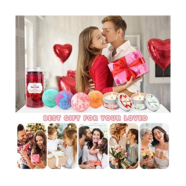 Panspace Bath Bomb Gift Set for Women, 4 Organic Bath Bombs with 2 Scented Candles & 1 Dried Rose Petals, Bubble Fizzies…