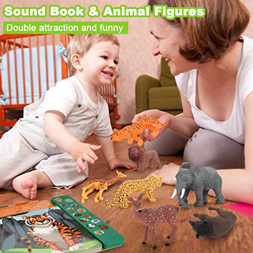 Tudoccy Safari Animals Figures Toys - 13 Realistic Wild Plastic Animal Figurines & Kids Sound Book - Educational Learning Toys Gift for 3 Years Old & Up Boys Girls Toddlers