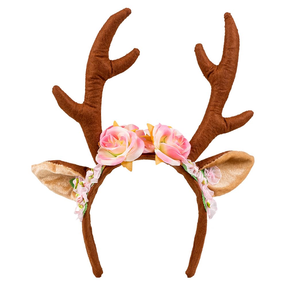 Boland Reindeer Antlers on Headband with Ears and Flowers, Ladies Reindeer Fancy Dress Accessory, Women, Christmas, Festive, Novelty, Headband, Adult, One Size (Brown)