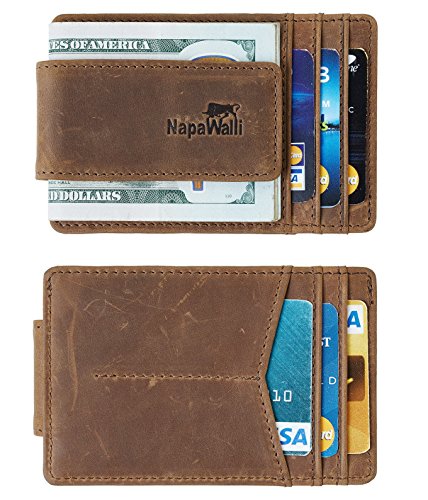 NapaWalli Genuine Magnetic Napa Leather Front Pocket Money Clip Slim Minimalist Wallet Made with Powerful RARE EARTH Magnets Plus RFID Blocking (Hunter Khaki)