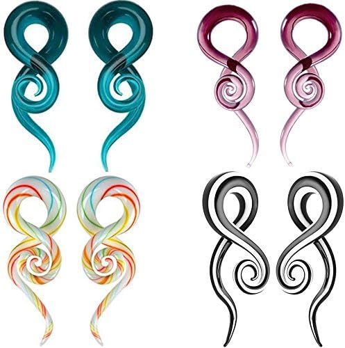 Pack of 8 Mixed Colors Glass Spiral Tapers Ear Piercing Tunnel Plugs Gauges