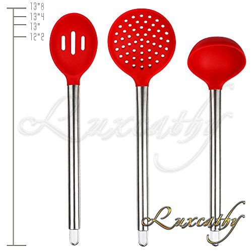 Luxcathy 304 Stainless Steel and Silicone Kitchen Utensil Set , 10-Pieces with Spoon, Spatula Tools, Pasta Server, Ladle, Strainer for Pots and Pans Non-Stick Heat Resistant Silicone (Red)