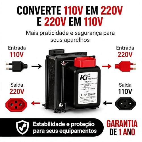 Autotransformador Bivolt 2000VA (1100W Reais) - Conversor de Voltagem 110V/127V para 220V e 220V para 110V - Transformador para TV, Notebook, Impressora, Videogame e Cafeteira - Proteção Térmica