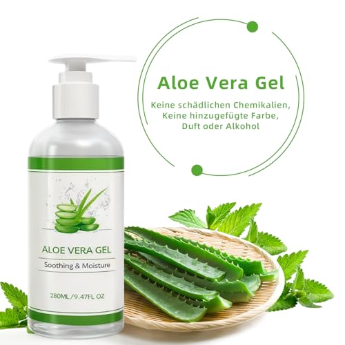 Aloe Vera Gel 280 ml - Aloe Vera Gel 100% Organic for Face, Natural, Soothing and Nourishing Moisturising Cream After Sun, for Face, Hair and Body