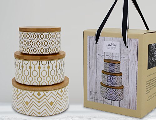 Decorative Canister Set 3 Kitchen Storage Jars, Airtight Bamboo Lids, Porcelain for Tea, Coffee, Sugar, Gift For Women - Thumbnail 5