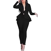 Jianono Women's Deep V Neck Ruffle Blazer Two Piece Outfits Sets Long Sleeve Long Pants Bodycon Business Suit Set