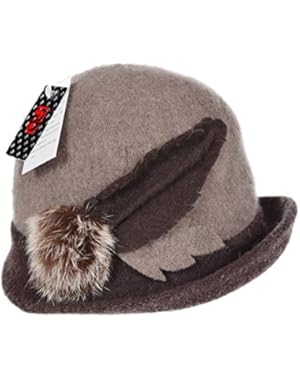 Women Girl Wool Cloche Bucket Hat with Hairball Leaf Brown