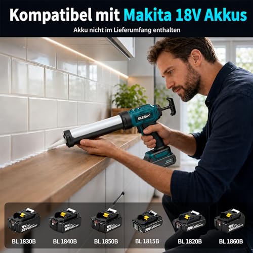 ELESKY Battery Cartridge Gun 18 V, Compatible with Makita 18 V Batteries, Electric Cartridge Gun with Anti-Drip, LED Light, 4 Speeds, Silicone Gun Battery for 300-310 ml Cartridges, without Battery