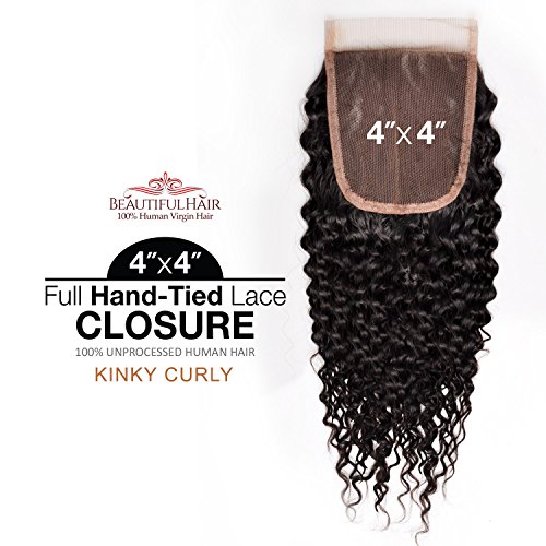 Beautiful Hair Unprocessed Brazilian Remy Human Hair Weave Hand-Tied 4X4 Lace Parting Closure Kinky Curly (NATURAL) (12