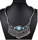 Qiyun (TM) Chunky Tribal Tibet Silver Turquoise Blue Bead Dangle Tassel Bib Choker Necklace