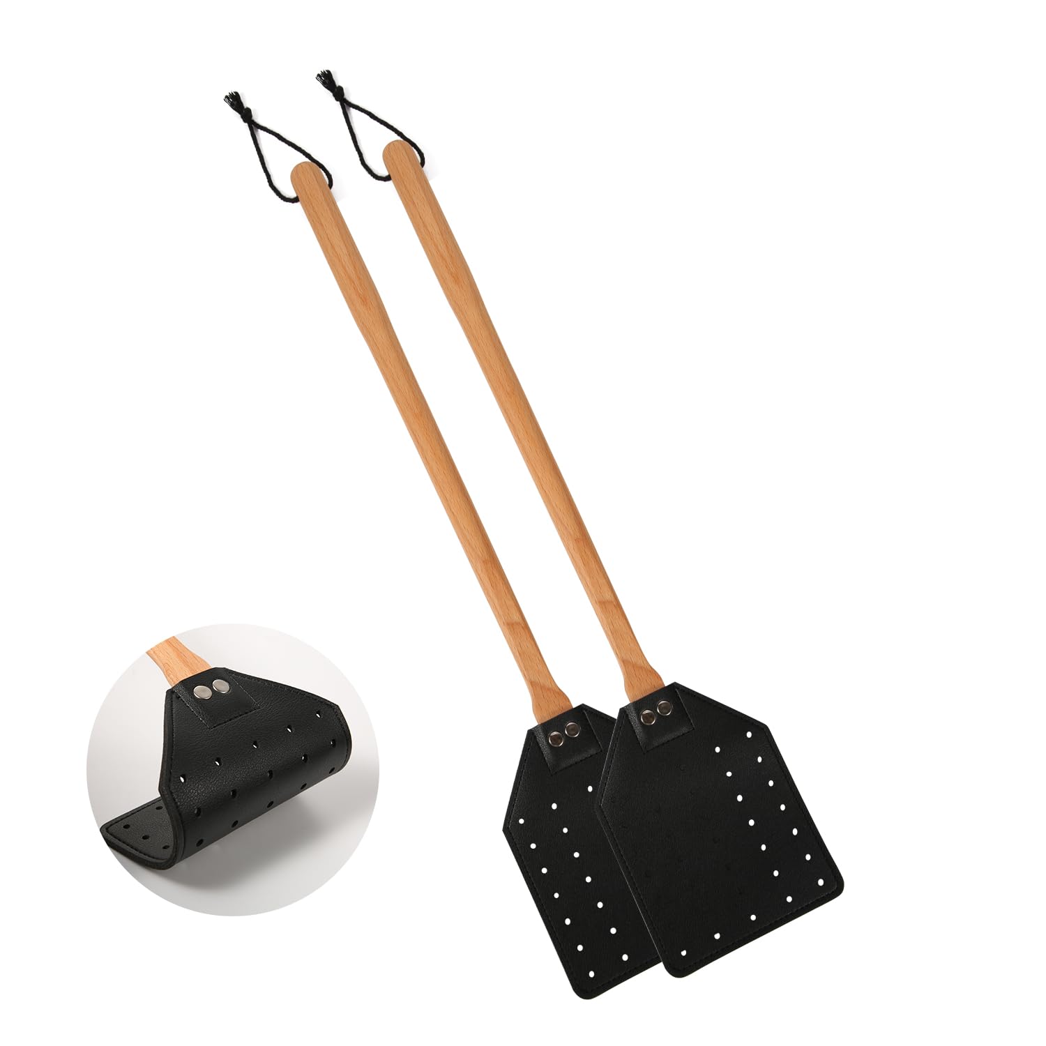 2pcs Leather Fly Swatter, Manual Heavy Duty Fly Swatter with Long Wood Handle and Hanging Rope Durable Fly Swatter Catcher Wasp Swatter for Indoor Outdoor Home Fly