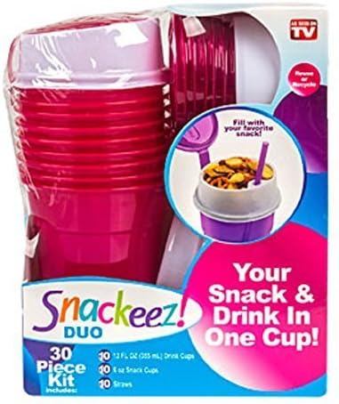 Snackeez Duo, Plastic, Cup and Snack Holder, 30 Piece Kit, Colors Vary (Red, Blue, Purple) by Snackeez