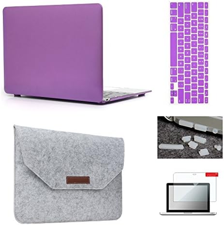 MacBook 12" Case & Sleeve[5 in 1 Bundle], Keyrun Plastic Hardshell Case Bundle with Felt Sleeve, Screen Protector, Keyboard Cover & Dust Plug for MacBook 12-inch Retina Display A1354 - Metallic Purple