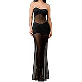LINNSUJH Sexy Sheer Mesh Dresses for Women See Through Bodycon Maxi Dress Outfits Club