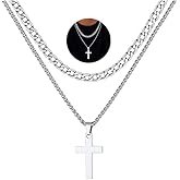 FaithHeart Cross Necklace for Men, Silver/Black/Gold Crucifix Necklace Stainless Steel Pendant with Cuban Chain Jesus Cross Necklaces Religious Gifts for Men