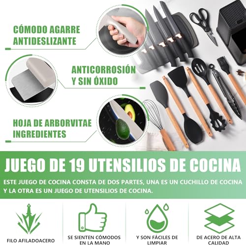 Utensilios de Cocina de Silicona, 19 Piezas Juego de Utensilios de Cocina Antiadherentes con Mango Resistente al Calor, Juego de Cucharas para Cocinar de Incluyendo Accesorios Cocina Negro