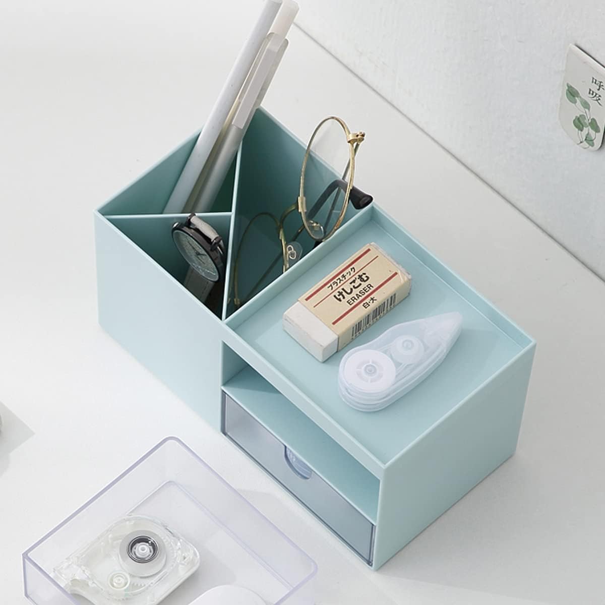 Kawaii Desk Organizer And Accessories, Pencil holder, Desktop organization, Supply Organizer With 2 Drawers .Simple Design Desktop Stationery Storage Suit For Office ,School,Room. (Blue): Home Improvement