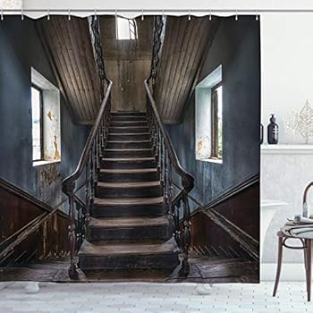 Ambesonne Scary Decor Shower Curtain by, Horror Movie Classic Deserted Abandoned Home with Old Vintage Stairs Artwork, Fabric Bathroom Decor Set with Hooks, 70 Inches, Multicolor